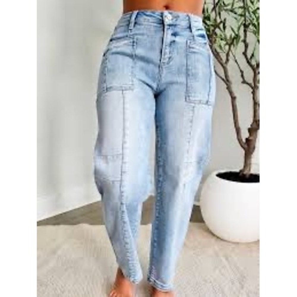 Risen Megan Light Wash Barrel Leg Utility Pocket Cropped Jeans Blue Size 29 NEW